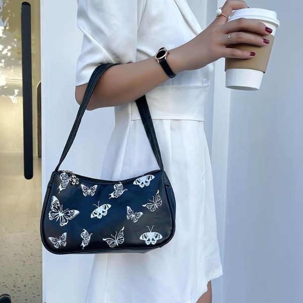 

evening bags vintage women handbag butterfly print pu tote ladies' fashion underarm bag zipper half moon cotton cloth purse