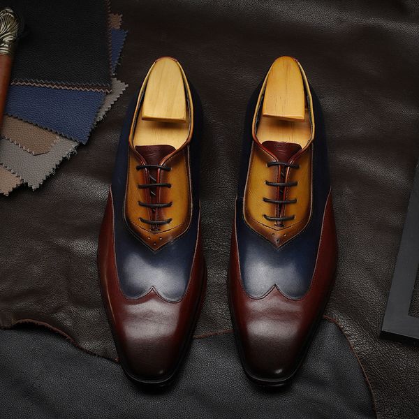 

genuine leather lace up pointed toe dress shoes men patchwork mixed color formal evening wedding party shoes for men f76, Black