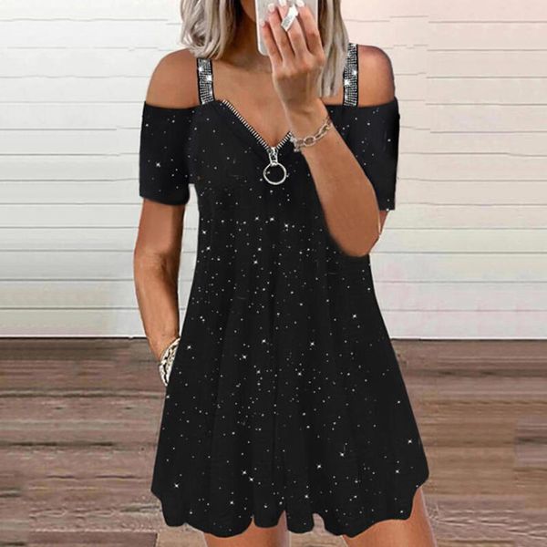 

casual dresses zipper v-neck mini dress off shoulder loose female summer pure color backless party, Black;gray