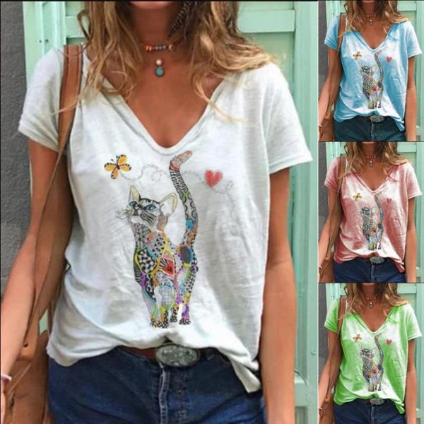 

2021 new arrival casual white color cat print v neck women t-shirt summer loose short sleeves cartoon print cotton