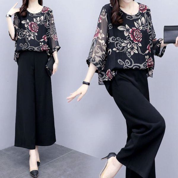 

2021 new black suit women summer two-piece set female fashion plus printed chiffon wide-leg pants s 5xl jmal, Gray