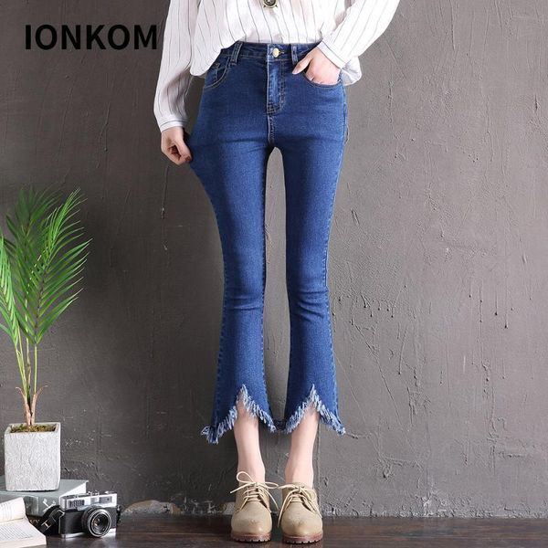 

women's jeans ionkom high waist stretchy skinny woman casual irregular destroyed cut flare hem trousers womens denim ankle-length pants, Blue