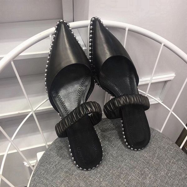 

beading slip-on leather sandals leisure women summer slippers slide temperament fashion black sheepskin sheath heel slipper casual shoes