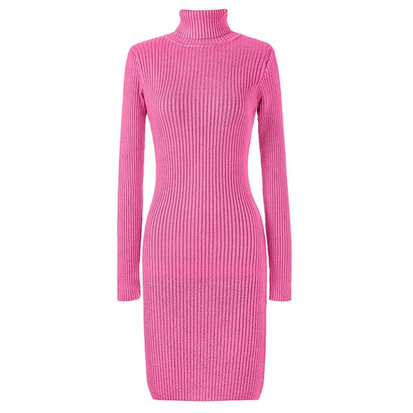 

fashion solid slim rib knitted skirt women autumn winter turtleneck classic comfortable soft mid length dress, Black;gray