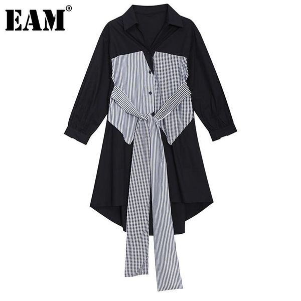 

casual dresses [eam] women black striped bandage midi shirt dress lapel long sleeve loose fit fashion tide spring autumn 2021 1de0995, Black;gray