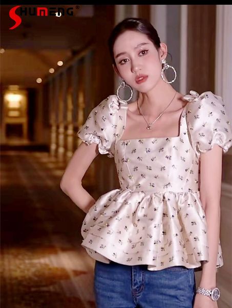 

women's blouses & shirts 2021 summer ladies french floral puff sleeve short fashionable retro slim waist square collar bow shirt, White