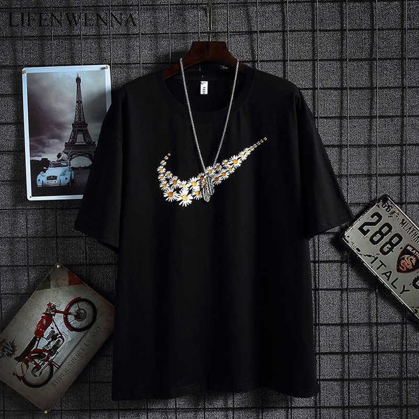 

lifenwenna casual t shirts summer flower print tees mens hip hop short sleeve streetwear fashion harajuku casual male tshirt 210528, White;black