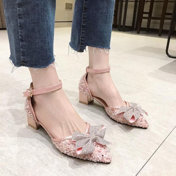 

dress shoes crystal bow hollow high heels women rhinestones thick heel sandals summer pointed toe square pumps, Black