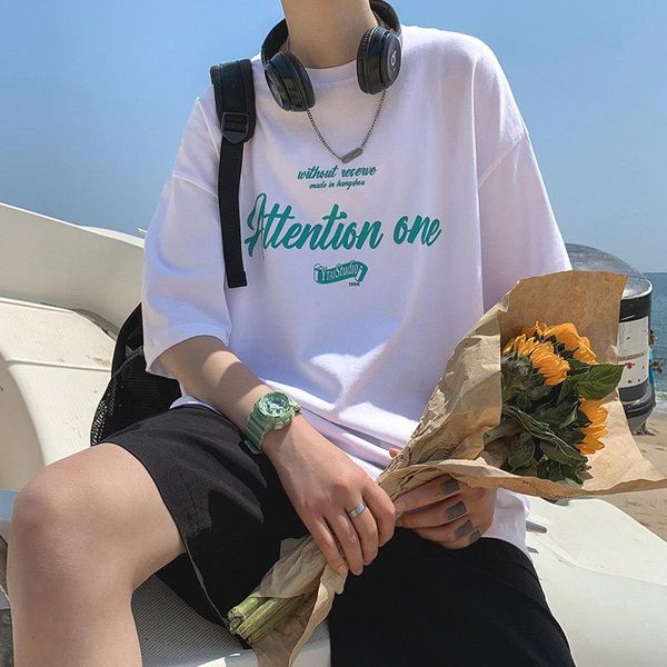 

men's t-shirts short-sleeved tide brand 2021 net red t-shirt trend wild five-point sleeve loose clothes vacation seaside leisure, White;black