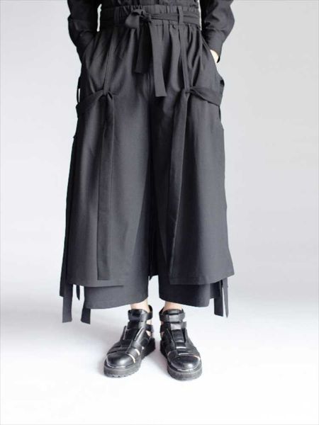 

men's pants casual wide leg spring and autumn black elastic waist strap design plus two layers of fashion culottes