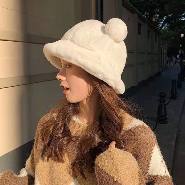 

wide brim hats fashion autumn winter fur bucket hat bear ear ball plush fisherman soft warm thick basin protection, Blue;gray