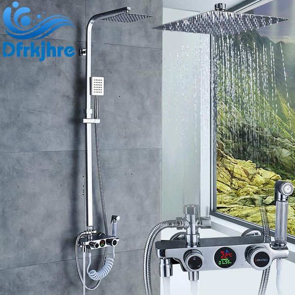 

bathroom led chrome 8" faucet and cold water mixer valve faucets rainfall taps temperature display high pressure spray gun
