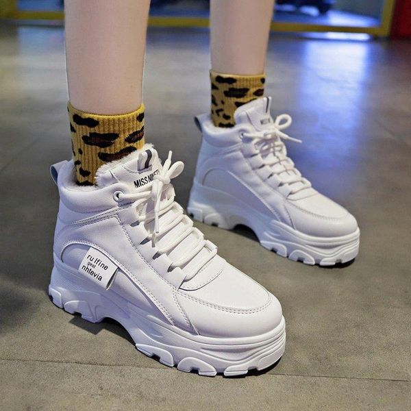 

boots 2021 women's casual sneakers winter with plush fur warm shoes lacing on, Black