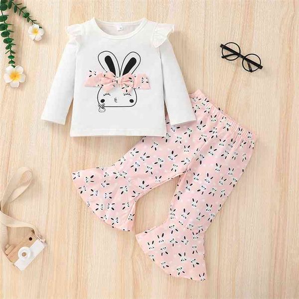 

winter children sets long sleeve o neck print rabbit bow t-shirt pink flare trousers cute 2pcs girls boys clothes 0-2t 210629, White