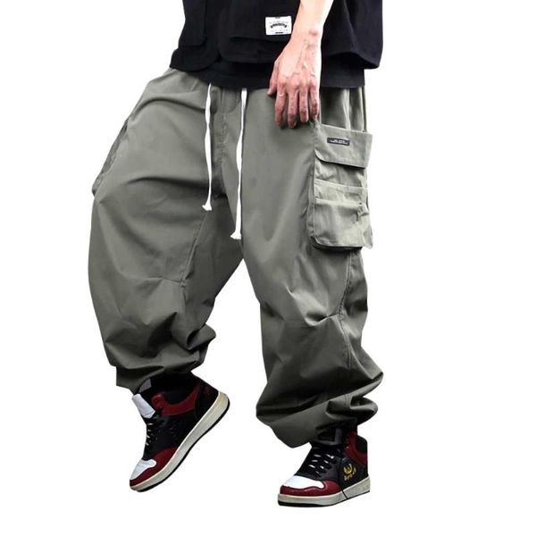 

men's pants spring summer cargo men casual big pockets hiphop harem trousers streetwear loose baggy joggers oversize clothing, Black