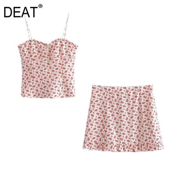 

[deat] summer fashion sleeveless sling printing high waist skirts elegant women two-piece suit 13q133 210527, White