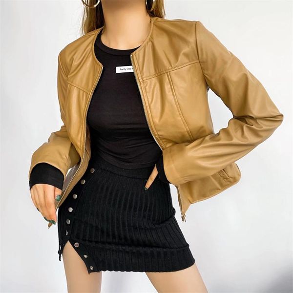 

women's leather & faux 2021 women autumn fashion round neck slim jacket coat vintage long sleeve zipper female outerwear chic overshirt, Black
