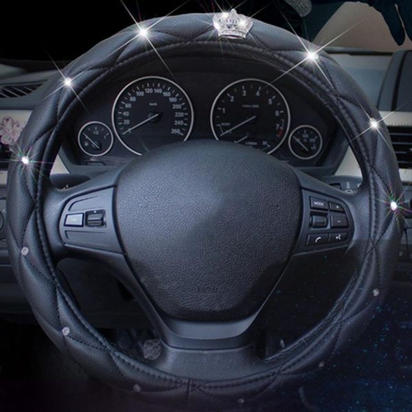 

steering wheel covers fashion women pu leather car diamond black auto steering-covers cases for lady girls accessories