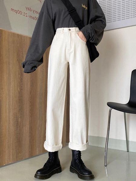 

women's jeans autumn korean 2021 high waist thin wide leg denim pants white fashion versatile students, Blue
