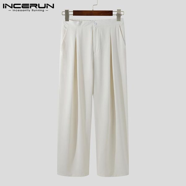 

men's pants men casual button 2021 solid color joggers harajuku streetwear straight trousers pockets loose wide leg incerun, Black