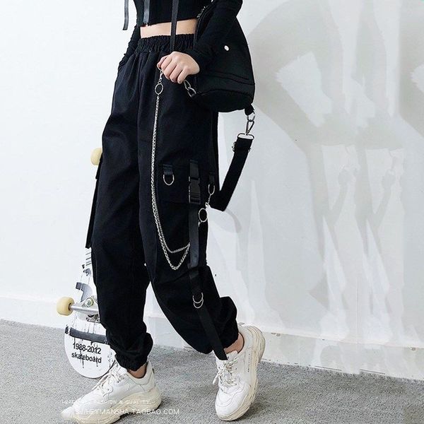 

female cargo buckle pocket ribbon jogger upper elastic waist streetwear harajuku pant ring women's pants chain pjx5, Black;white