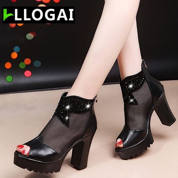 

summer women sandals crystal platform square high heel peep toe breathable dress wedding female ladies shoe new zapatos de mujer, Black