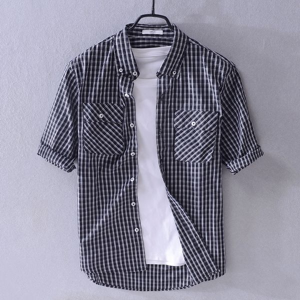 

2021 new style summer plaid brand casual navy blue shirts for men fashion breathable shirt male half sleeve chemise ddxv, White;black