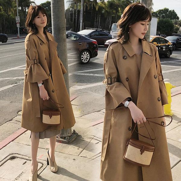 

women's trench coats women fashion casual solid color double breasted outwear office ladies coat chic korean style design long female, Tan;black