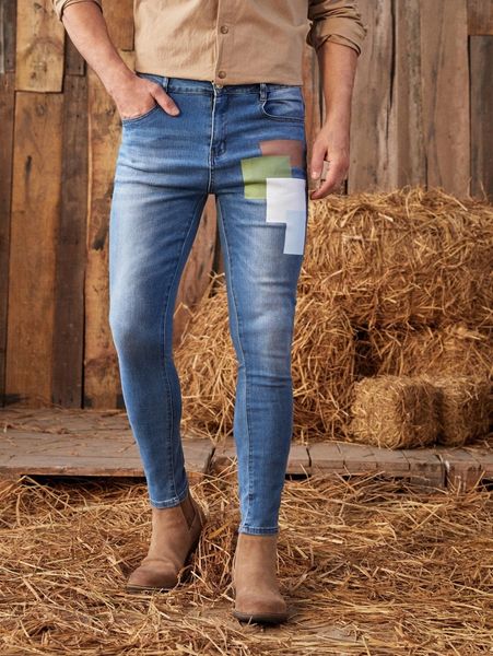 

men slant pocket contrast panel skinny jeans a2ce#, Blue