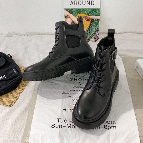 

boots 2021 autumn women ankle classic black leather platform gothic punk shoes mid heels combact motorcycle