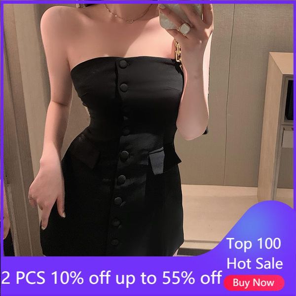 

casual dresses suit strapless dress for women party single-breasted waist backless midi 3962#, Black;gray
