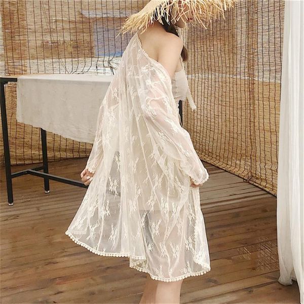 

women's swimwear holiday beach long kimono cardigan women boho clothes fashion loose shirt sheer lace blouse cardigans mujer, White;black