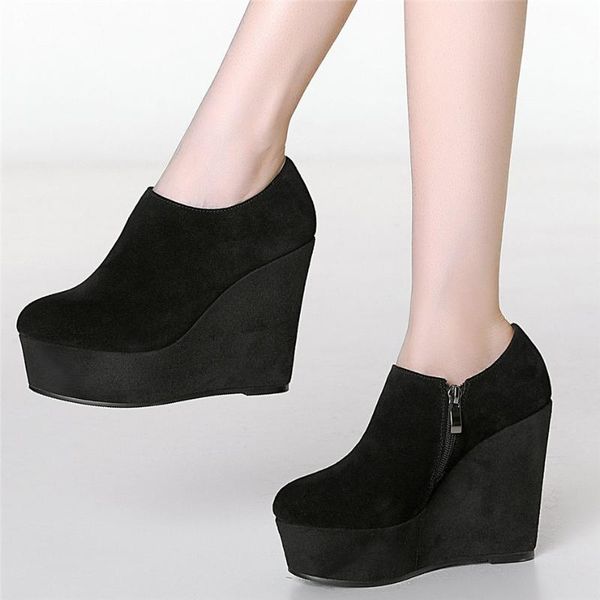 

boots 2021 round toe oxfords shoes women black genuine leather wedges high heel ankle female low chunky platform pumps