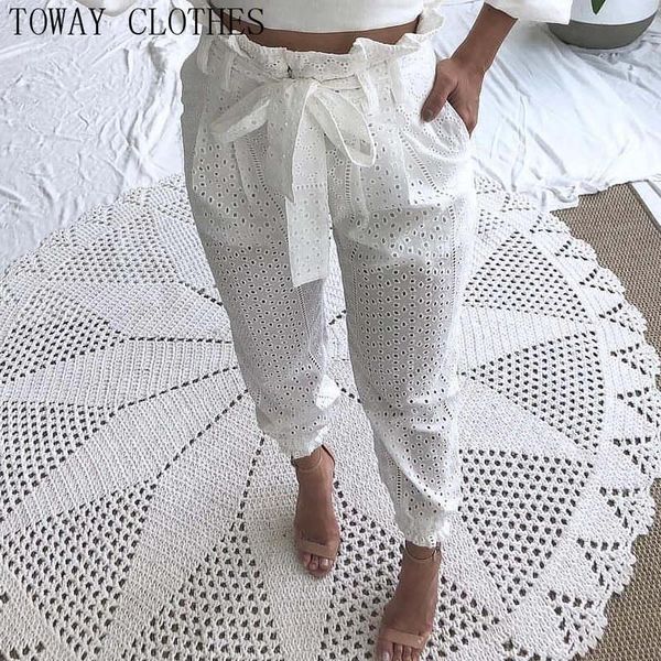 

women paperbag waist broderie lace casual pants, Black;white