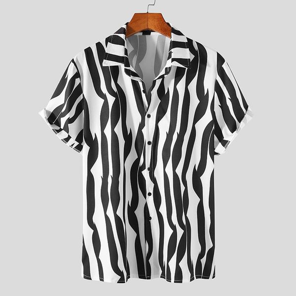 

summer short sleeve turn down collar blouse incerun men fashion printed shirt male button vocation chemise streetwear plus size, White;black