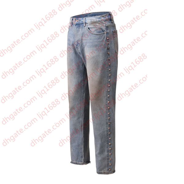 

dusty blue rivet jeans distressed leg opening jogger men streetwear