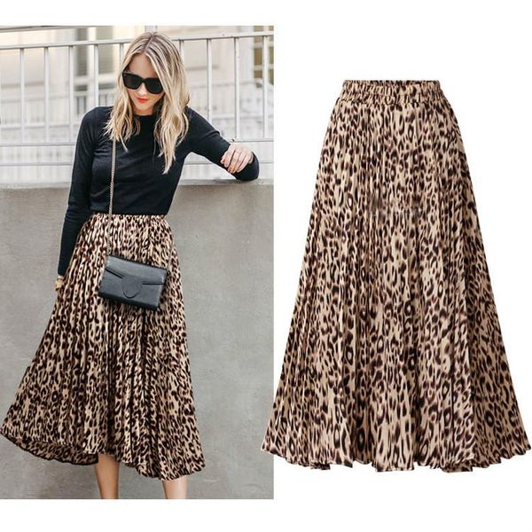 

skirts plus size leopard print womens spring autumn a line pleated long skirt casual high waist maxi woman streetwear, Black