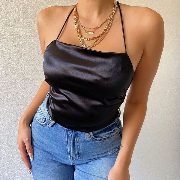 

fashion bandage lace up crop sleeveless backless halter camis tanks female vest cropped streetwear, White