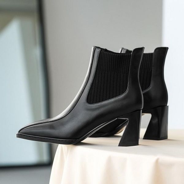 

boots women pointed toe strange high heel shoes winter ankle elastic band slip on black ivory formal for work