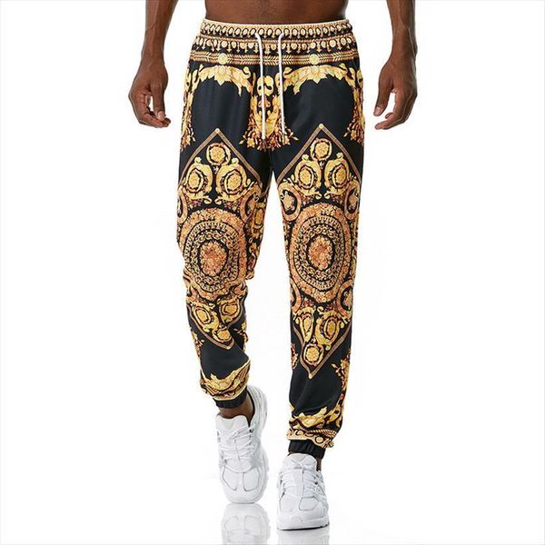 

black and yellow stitching women pants golden flower print cool jogging