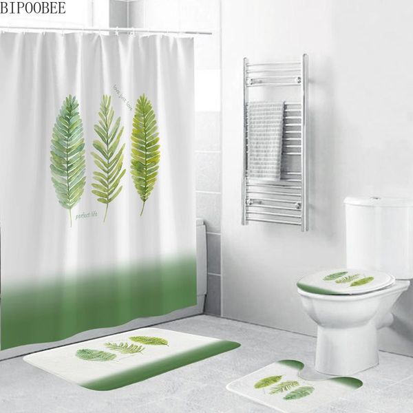 

shower curtains three leaves printed curtain natural plants bath rugs mats toilet lid cover anti-slip carpet bathroom with hooks