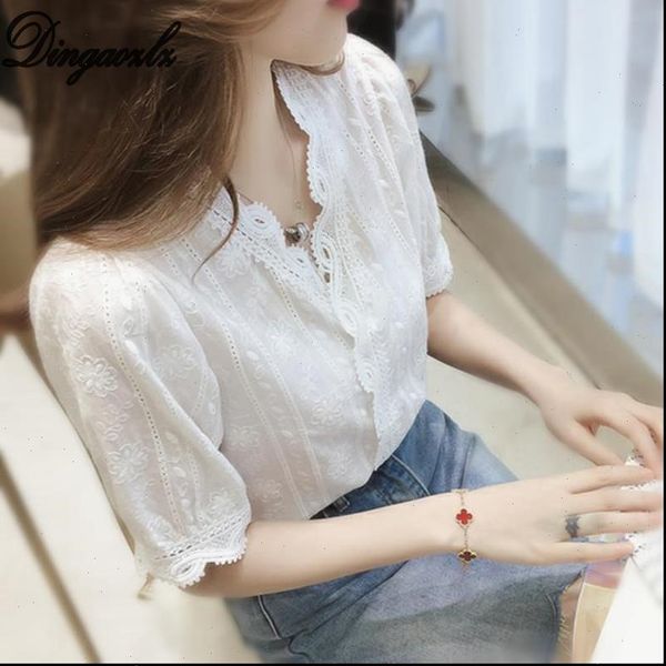 

2021 summer white chiffon shirt new v neck lace blouse short sleeve women clothing elegant female
