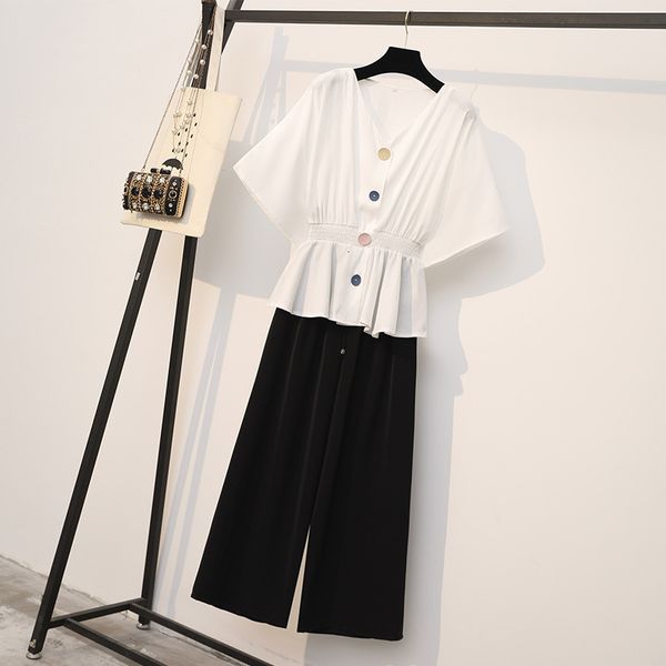 

female plus office suit upper white shirt and leg drop pants two pieces summer cloth match workwear ol outfit q80j