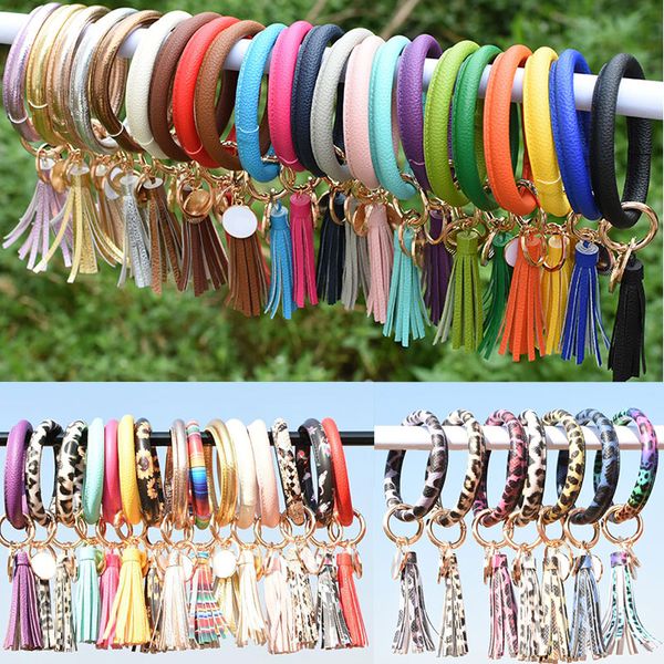 

Women Tassels Bracelet PU Leather Wrap Key Ring Party Leopard Lily Print Keychain Keyring Circle Bangle Chains Fashion Sun wer Flag Pattern chain Round Wristlet
