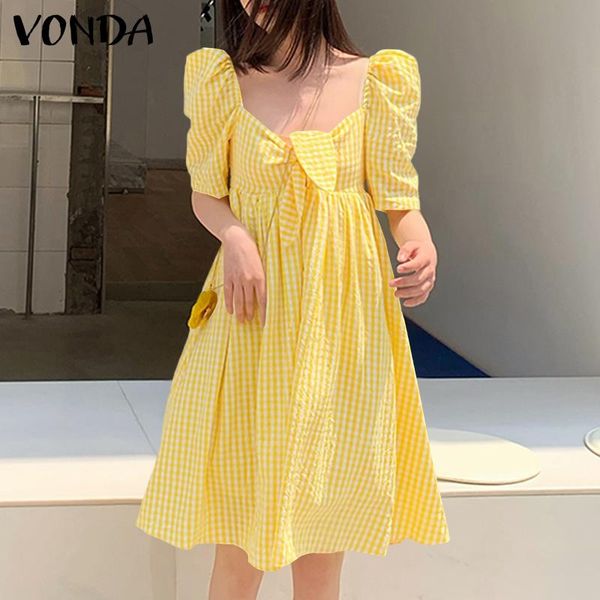 

party dresses women elegant puff sleeve dress 2021 vonda pleated summer sundress bow square neck plaid midi beach vestido, White;black