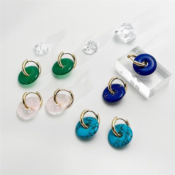 

hoop & huggie aomu fashion retro blue green copper stone small earrings irregular geometric texture hollow for women jewelry, Golden;silver