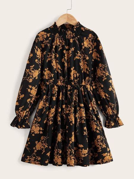 

girls allover floral print flounce sleeve shirred neck dress she, Red;yellow