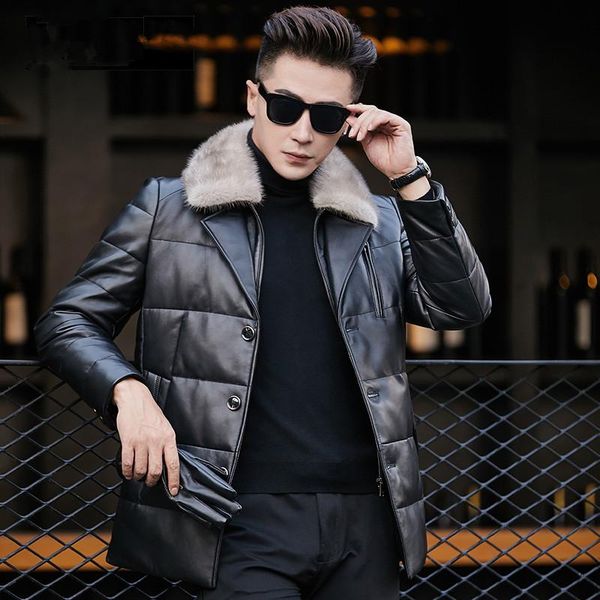 

men's leather & faux genuine men winter jacket real collar sheepskin coat duck down jackets doudoune homme jlk18g8102 my1787, Black