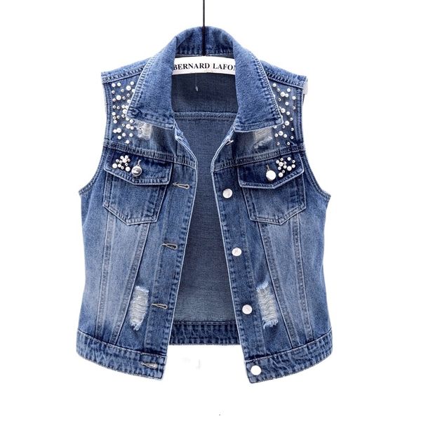 

women's jackets sleeveless vest 2021 summer denim waistcoat fashion casual short jeans jacket beaded holes slim coat hbp7, Black;brown