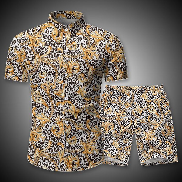 

summer fashion hawaiian clothing mens shirt male floral print shirts+shorts set men beach casual short sleeve 2 pieces sets kg-179, Gray